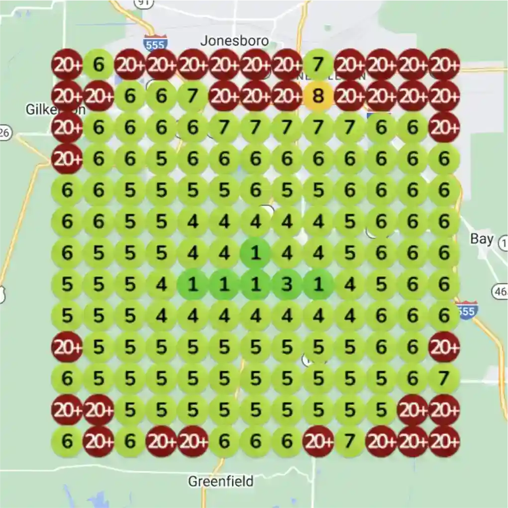 Ranking heatmap for a contractor targeting water damage repair: low positions before, top positions after