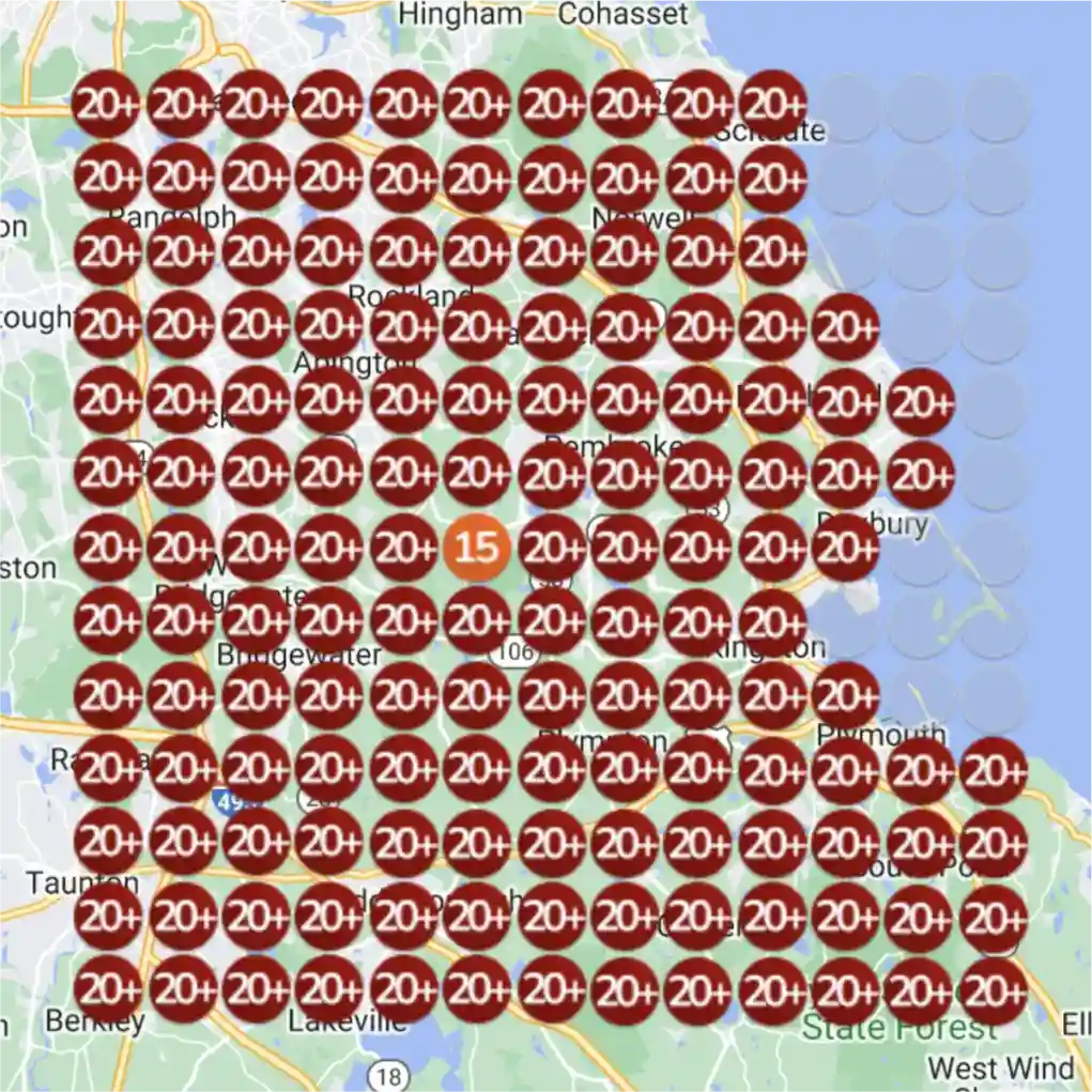 Ranking heatmap for Marketing Agency targeting local seo: low positions before, top positions after