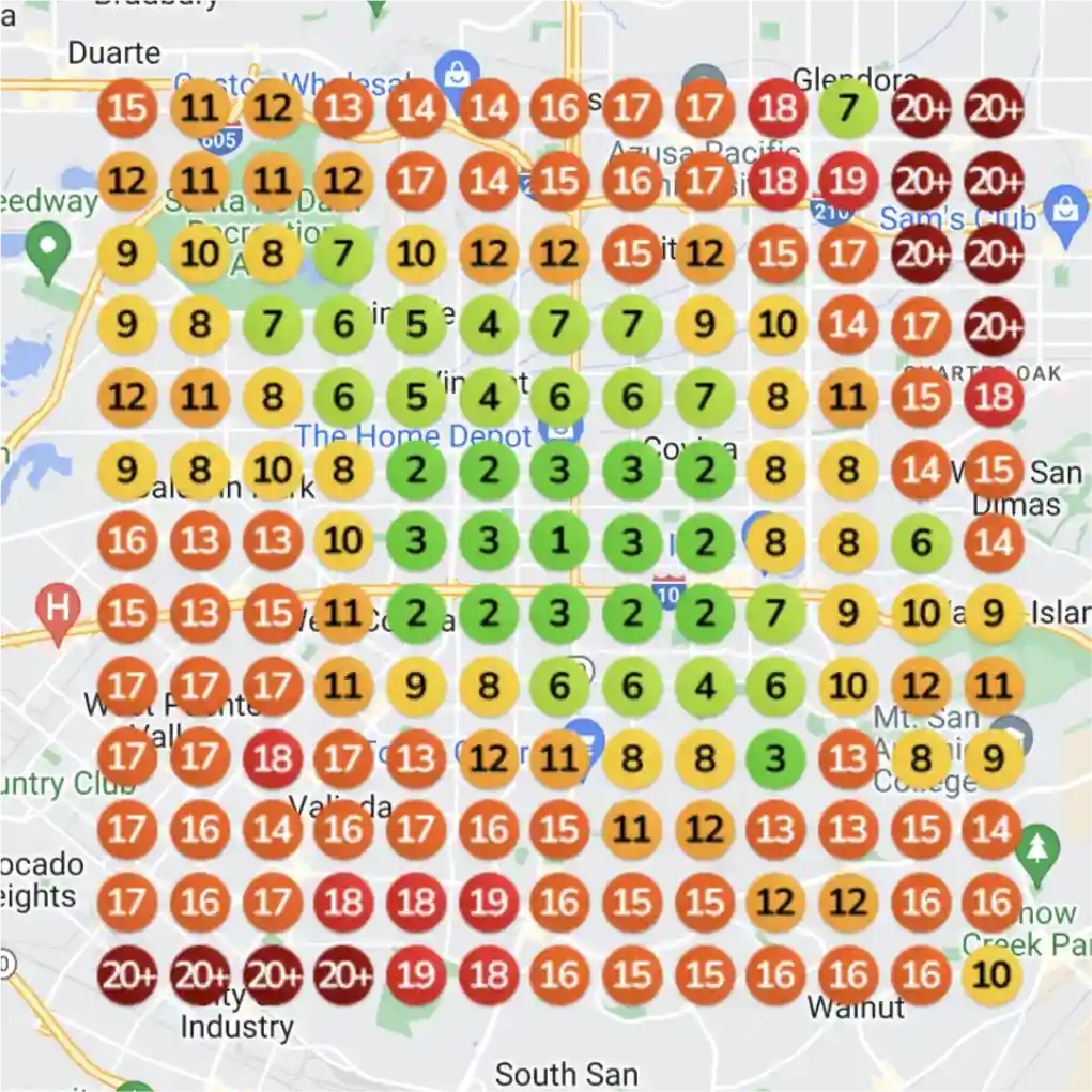 Ranking heatmap for a spa targeting hot stone massage: low positions before, top positions after